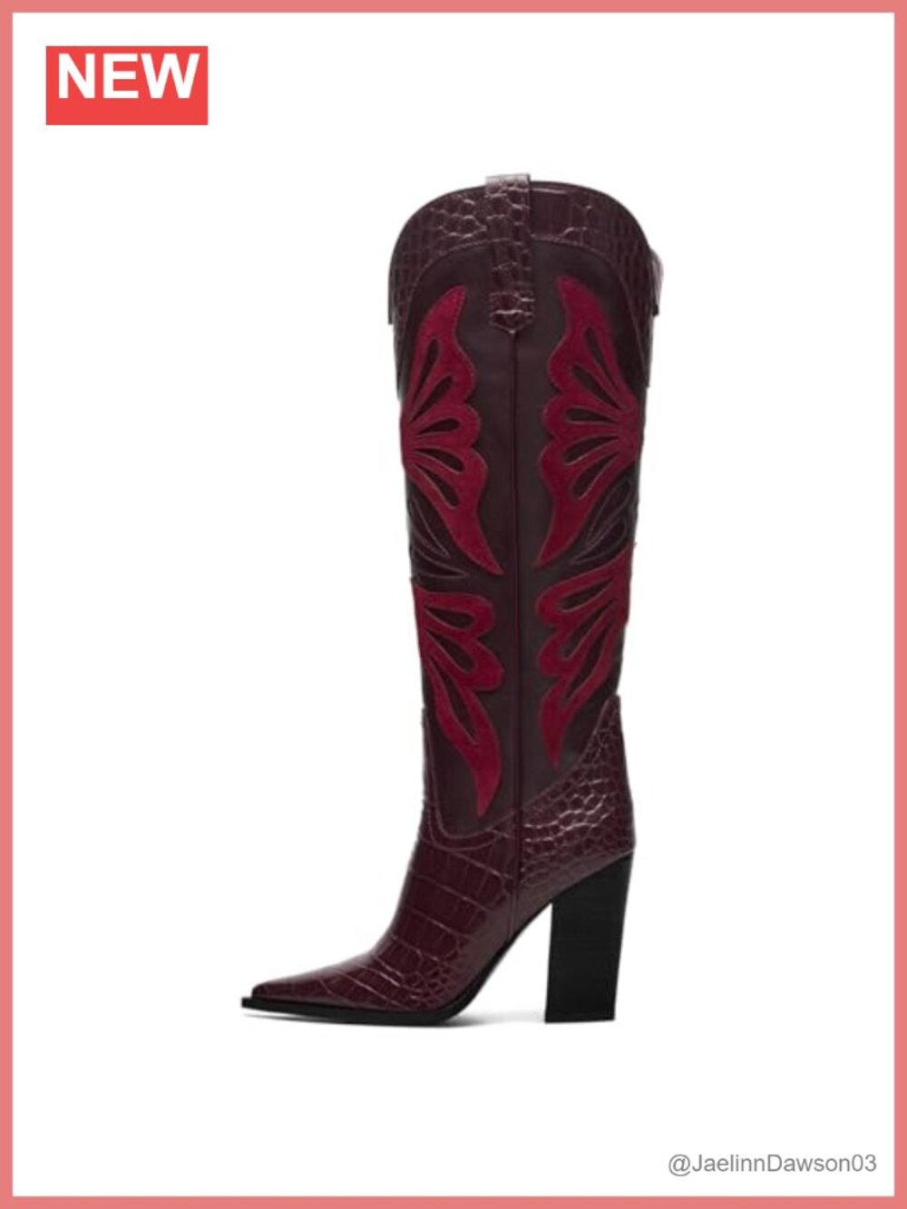 Pointed Toe Chunky Heel Knee High Cowboy Boots Side Zip Butterfly
